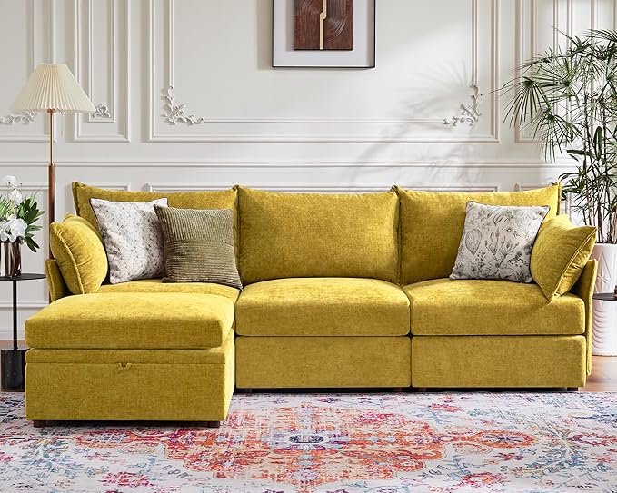 102.6" Modular Sectional Sofa, L Shaped Couch Set for Living Room, 3-Seater Comfy Cloud Couches with Movable Storage Ottoman,DIY Combination - Chenille Yellow-HomvellaHome