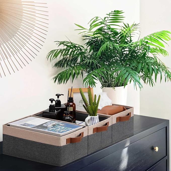 GhvyenntteS Small Fabric Storage Bins 6 Pack, 11.8" x 7.87" x 5.11" Storage Basket with Leather Handles, Closet Storage Bins for Shelves, Storage Baskets for Shelves, DVD Storage (Grey/Beige Yellow)-HomvellaHome