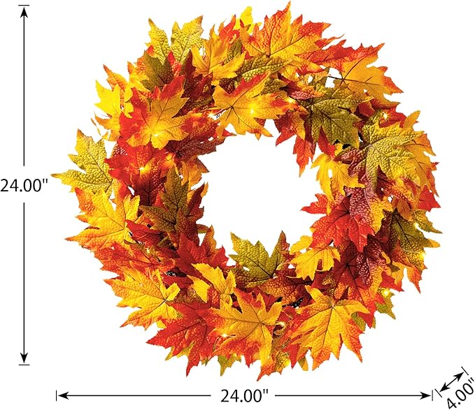 Glitzhome 24 Inch Pre-lit Fall Wreath, Autumn Wreath for Front Door, Lighted Maple Leaves Wreaths with Timer for Thanksgiving Halloween Christmas Wall Front Porch Home Decoration-HomvellaHome