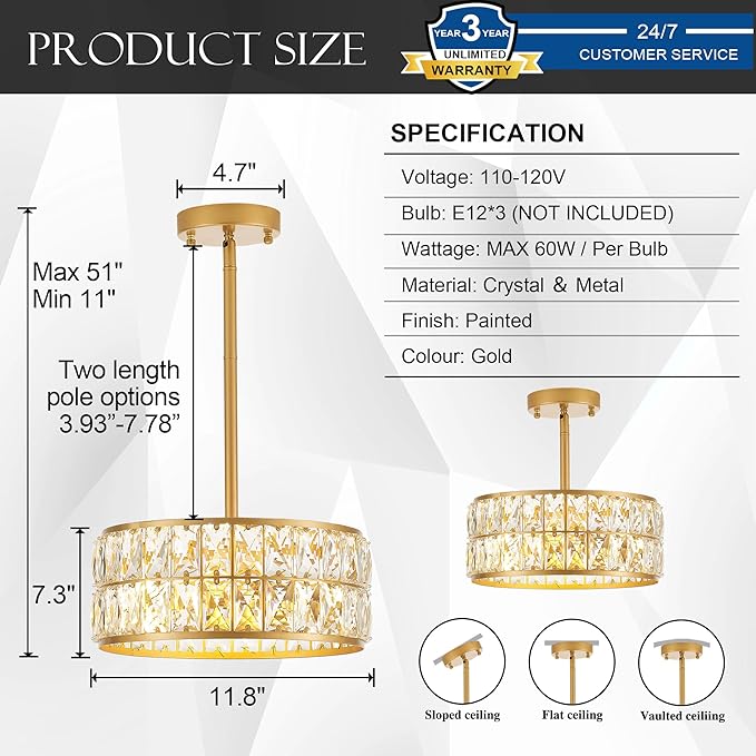 12” 3-Light Modern Crystal Chandeliers Gold Dinning Room Light Fixture, Round Pendant Light Kitchen Island Chandelier, Flush Mount Ceiling Light for Living Room Entryway Bedroom Foyer-HomvellaHome