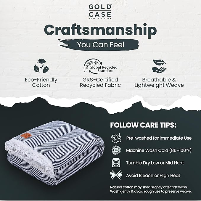 Gold Case Throw Blanket for Bed – 100% Recycled Turkish Cotton Bed Blanket – Decorative Throw Cotton Blankets for Living Room & Bedroom – Woven Twin Blankets - 71x90 - Navy Blue-HomvellaHome