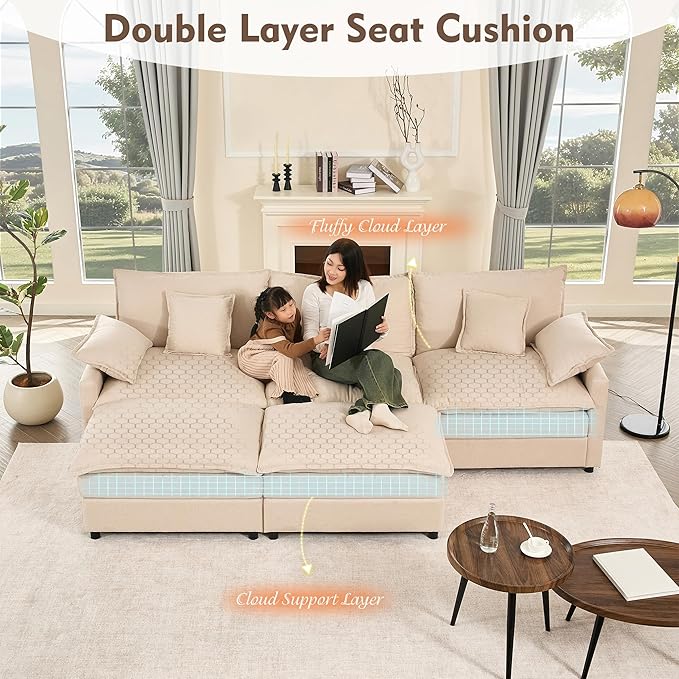 108" U Shaped Couch, Modular Sectional Sofa, 3-Seater Comfy Cloud Couch with Movable Ottoman, Deep Seat Couches for Living Room, Linen, Beige-HomvellaHome
