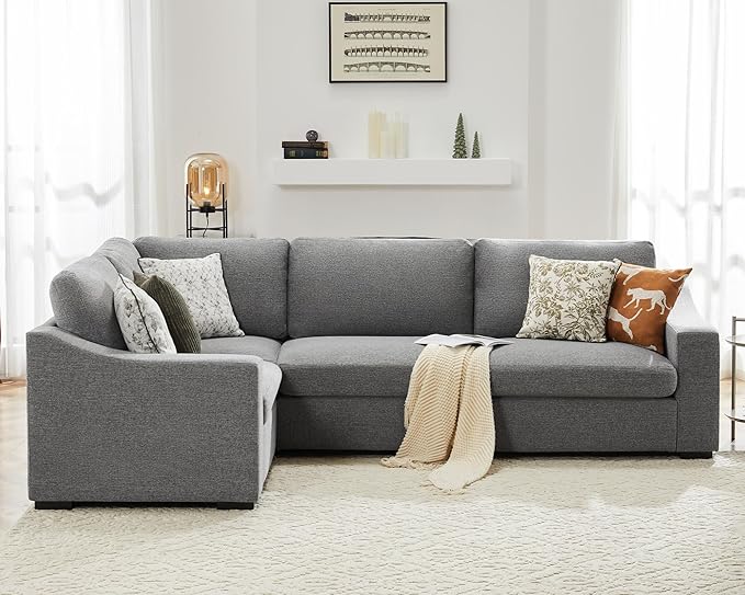 112" Convertible Sectional Sofa, Large L Shaped Couch with Detachable Sofa Cover, Modular Couch for Living Room, Breathable Linen Fabric Corner Sofa for Apartment, Grey-HomvellaHome