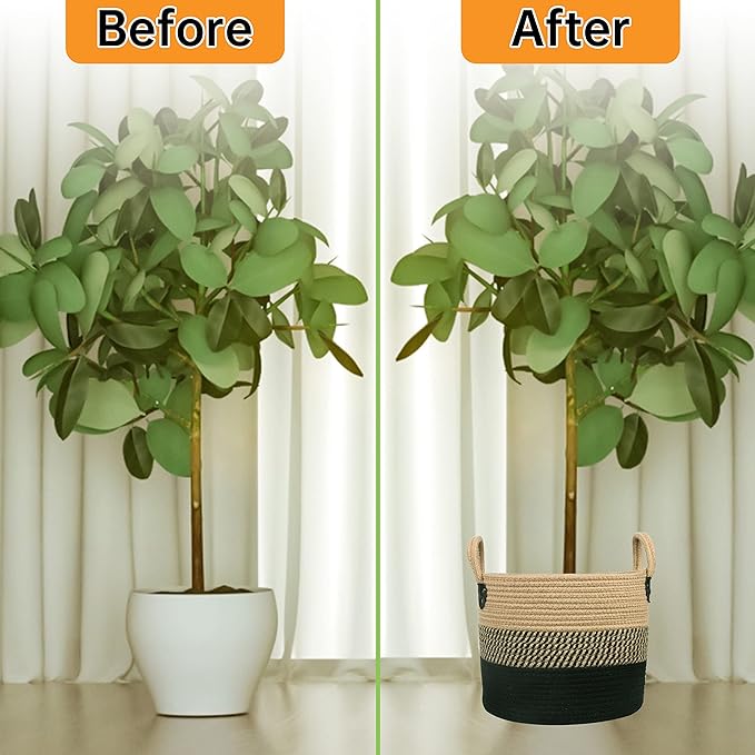 14"x12" Natural Jute Rope Woven Storage Basket with Handles for Plant, Blankets,Toys - Living Room Home Decor,Multifunctional Basket for Organizer,Picnic,Artificial Tree Black and Beige-HomvellaHome