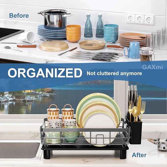 GAXmi Dish Drying Rack Over The Sink Drainer with Drainboard Utensil Holder, 1-Tier Black-HomvellaHome