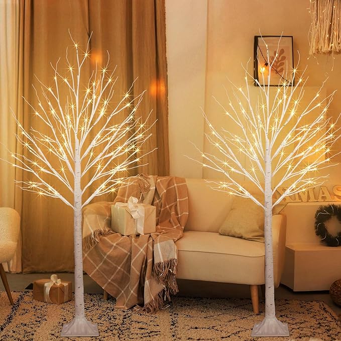 2 Pack 5FT 200LED Christmas Lighted Birch Tree, Timer Function Prelit Artificial Tree Lamp Plug in with Warm White Lights, 2 Modes Twinkling Twig Trees for Indoor Outdoor Party Christmas Decorations-HomvellaHome