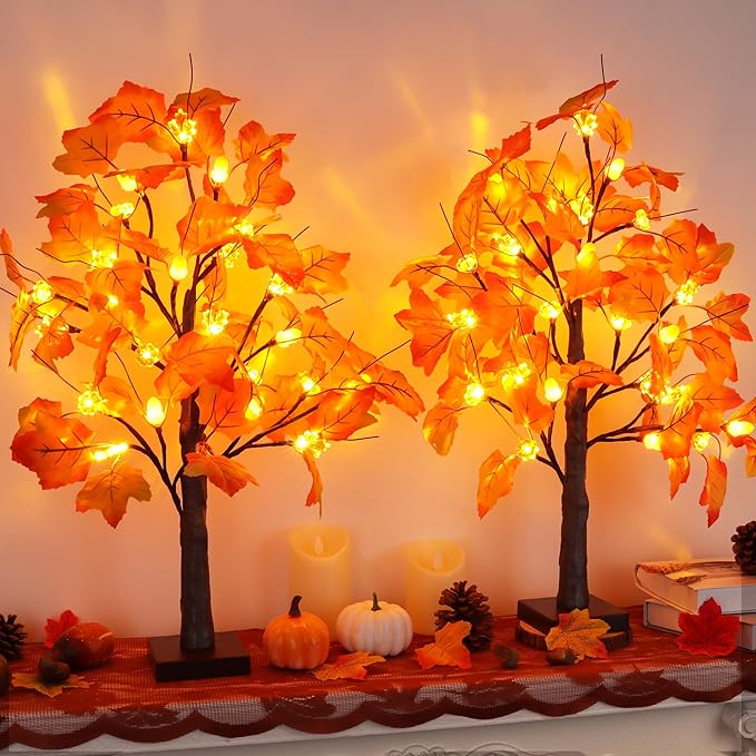 2 Pack 24 Inch Prelit Fall Maple Tree Fall Decor with 48 LED Timer Battery Operated Artificial Fall Light Up Tree Pumpkin Maple Acorn for Fall Thanksgiving Decorations Table Home Indoor Autumn Harvest-HomvellaHome