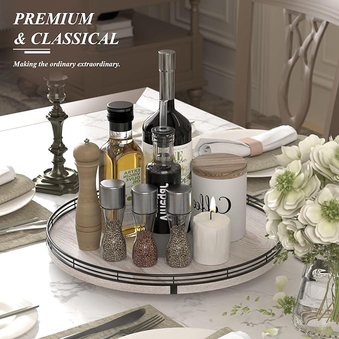 16" Lazy Susan Oak Wood Turntable Organizer for Cabinet, Farmhouse Round Wooden Lazy Susan Organization and Storage for Dining Table, Pantry, Kitchen, Bathroom, Countertop, Cupboard, Kitchen Decor-HomvellaHome