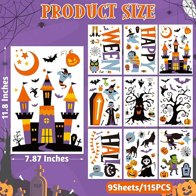 115PCS Halloween Window Clings, 9 Sheets Halloween Decorations, Cute Witch Tree Zombie Ghost Patterns PVC Window Stickers for Treat or Trick Party Favors Decal Supplies Decor Accessories-HomvellaHome