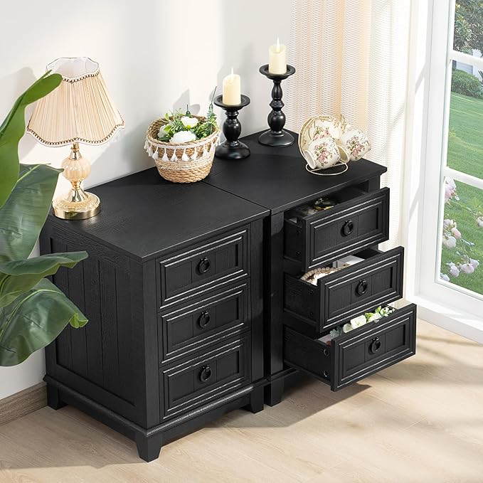 18" Farmhouse Night Stand with 3 Drawers, Wood End Table Dresser for Bedroom, Black Nightstand, Bed Side Table with Metal Handle, Bedside Cabinet for Bedroom Living Room, Closet-HomvellaHome