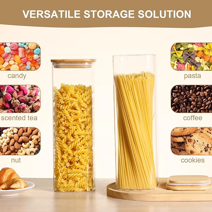 Glass Food Storage Jars with Lids(76oz)Square Set of 3 ,Glass Storage Containers Clear Glass Food Canister with Bamboo Lid Airtight For Serving Tea, Coffee Beans, Flour,Cookie, Cereal,Spice and More-HomvellaHome
