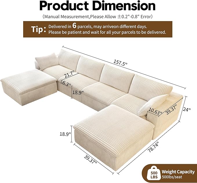 157.5" U Shaped Modern Sofa Modular Sectional Cloud Couch with 2 Ottoman,Deep Seat Upholstered Couches with Corduroy Fabric for Living Room Furniture,Bedroom and Apartment,No Assembly Required,White-HomvellaHome