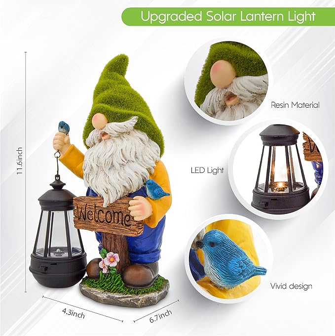 Garden Gnomes Outdoor - Flocked Gnome Statue Holding Lantern with Solar LED Lights | Gnomes Garden Decorations for Patio, Yard, Lawn Ornaments - Gnome Gifts-HomvellaHome