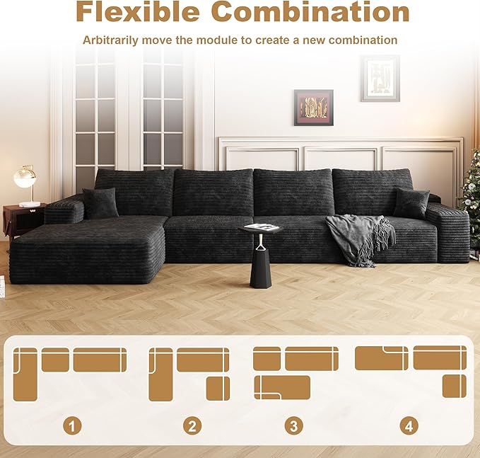136" Sectional Couches for Living Room Modern Modular Sofa with L-Shape Couchs Upholstered Boneless Couch Deep Seat Sectional Couch with Chaise (Black, Left Facing Chaise+3Seaters)-HomvellaHome