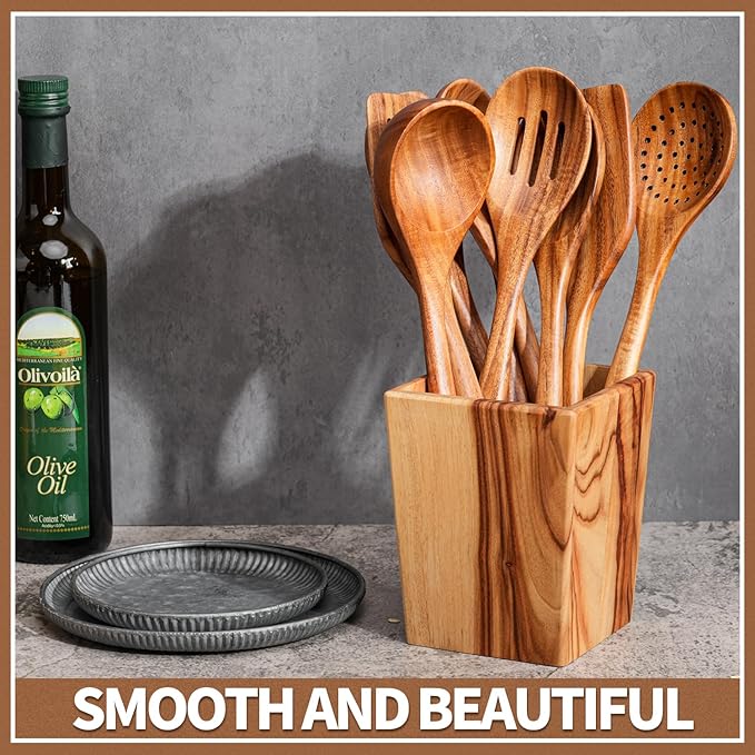 Gudamaye 13 inch Long Wooden Spoons for Cooking, 9 PCS Natural Teak Wooden Kitchen Utensil Set with Utensils Holder Made of Australia Camphor Laurel Wood，Wooden Utensils for Cooking-HomvellaHome