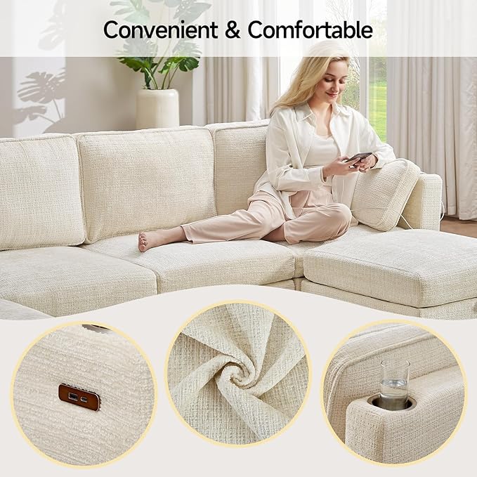 110" Modular Sectional Sofa, Convertible Sleeper Sofa Couch Bed with Adjustable Backrest, U-Shaped Chenille Cloud Couch with Ottoman Storage, Deep Seat Couches for Living Room,Beige-HomvellaHome
