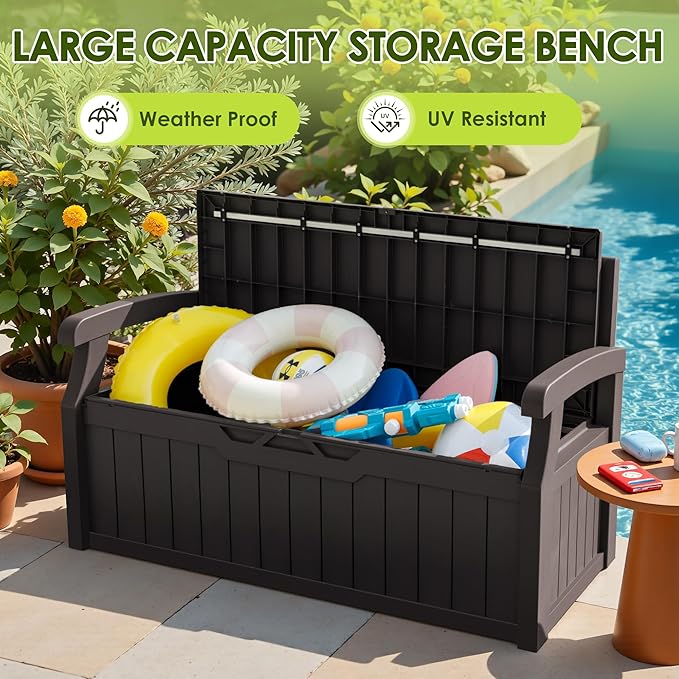 Greesum 80 Gallon Outdoor Storage Bench, Resin Patio Furniture with Armrest,Waterproof and UV-Resistant, Perfect to Garden, Poolside and Lawn, Dark Brown-HomvellaHome