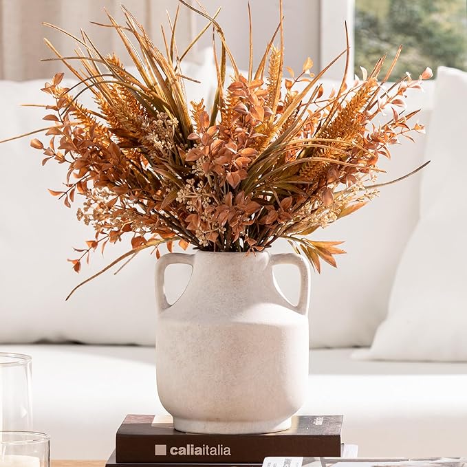 Mitt&Ditt Ceramic Flower Vase with Handles, 8 inch Tall Off-White Vase, Decorative Terracotta Vases, Farmhouse Rustic Pottery Vases for Home Decor, Living Room, Table-HomvellaHome