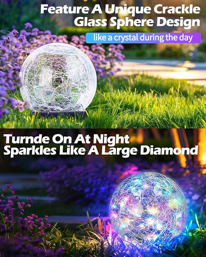 Garden Solar Ball Lights Outdoor Waterproof, 30 LED Cracked Glass Globe Solar Power Ground Lights for Path Yard Patio Lawn, Christmas Decoration Landscape Colorful (2 Pack 3.9'')-HomvellaHome