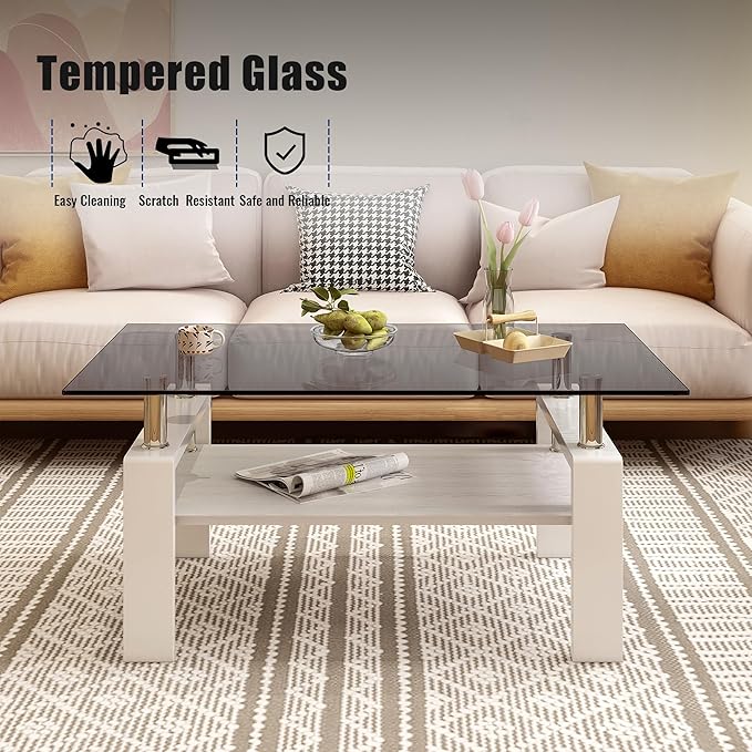 Glass Coffee Table Rectangle Living Room Center Table, with Gray Tempered Glass Tabletop and White MDF Layer,for Living Room and Office, Gray+White-HomvellaHome