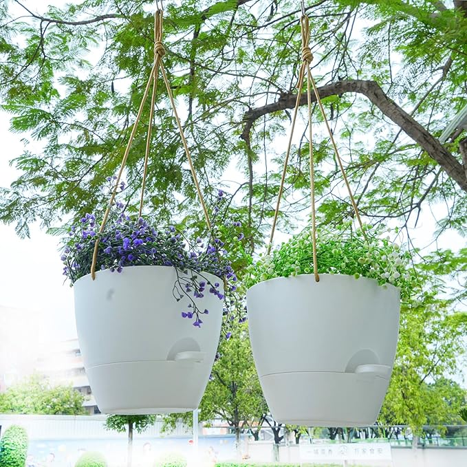 10 Inch Self Watering Hanging Pots, 2 Pack Hanging Planters with 40oZ Deep Reservior for Indoor Outdoor Plants Flowers, White-HomvellaHome