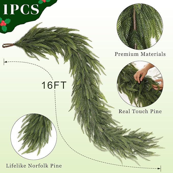 16FT Christmas Norfolk Pine Garland -1PCS, Artificial Pine Needles Garlands Faux Greenery Fake Garland for Holiday Fireplace,Table,Window,Stairs,Mante,Indoor Outdoor Decor-HomvellaHome