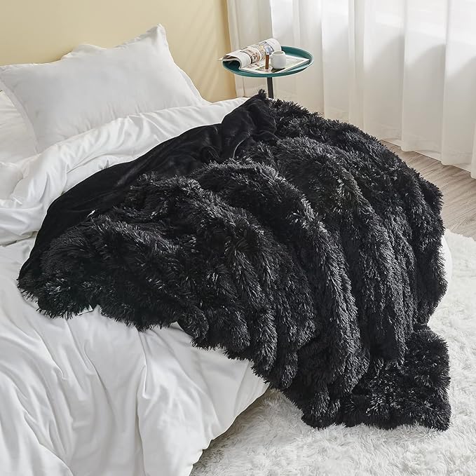 GONAAP Fuzzy Faux Fur Throw Blanket Black Super Soft Cozy Plush Fuzzy Shaggy Blanket for Couch Sofa Bed (Black, Throw(50"x60"))-HomvellaHome