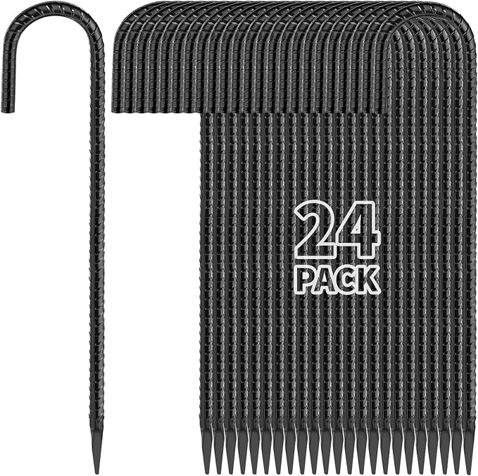 16 Inches 24-Pack J Hook Rebar Stakes Heavy Duty Tent Stakes with Chisel Point End, Steel Ground Anchors Metal Garden Stakes Chain Link Fence Stakes Black Coated-HomvellaHome