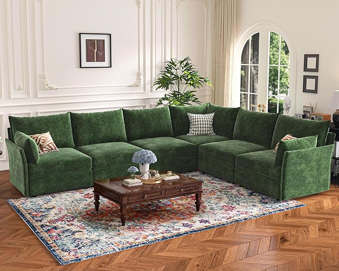 135.5" Oversized Modular Sectional Sofa, L Shaped Convertible Couch with Movable Ottoman, Large 6 Seat Corner Couches for Living Room Deep Seat Green Chenille-HomvellaHome