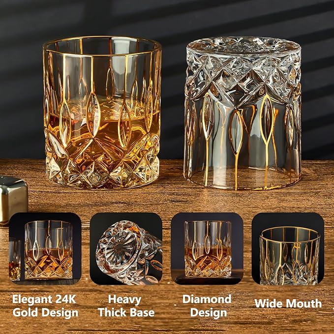 Gold Rim Whiskey Glasses Set of 2,Crystal Old Fashioned Glasses-Luxury Gold Collection,Perfect for Scotch Bourbon Rocks Cognac Vodka Gin Tequila Rum Liquor,Whiskey Gifts for Men-HomvellaHome