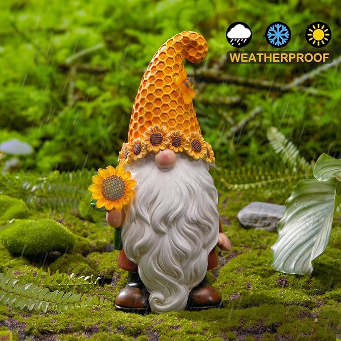 Garden Gnomes Outdoor - Sunflower Gnome Statue with Solar LED Lights for Yard, Patio, Lawn Ornaments - Best Garden Gifts for Mothers Day, Housewarming, Festival-HomvellaHome