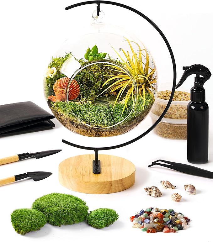 15-Piece Terrarium Kit with Live Moss – DIY Glass Globe Set with Tools, Soil, Stones & Spray Bottle – Indoor Mini Garden Gift for Plant Lovers, Home Decor & Zen Craft-HomvellaHome