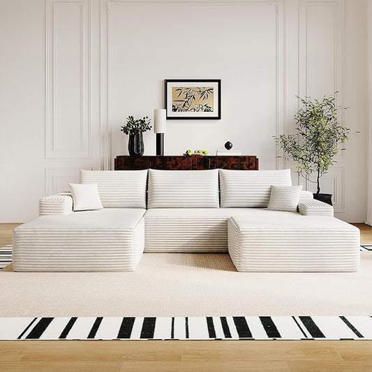 108" Sectional Couches for Living Room Modern Modular Sofa with L-Shape Couchs Upholstered Boneless Couch Deep Seat Sectional Couch with Chaise (White, Left Facing Chaise+2Seaters+1Ottoman)-HomvellaHome