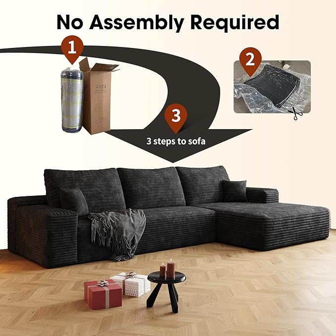 108" Sectional Couches for Living Room Modern Modular Sofa with L-Shape Couchs Upholstered Boneless Couch Deep Seat Sectional Couch with Chaise (Black, Right Facing Chaise+2Seaters)-HomvellaHome