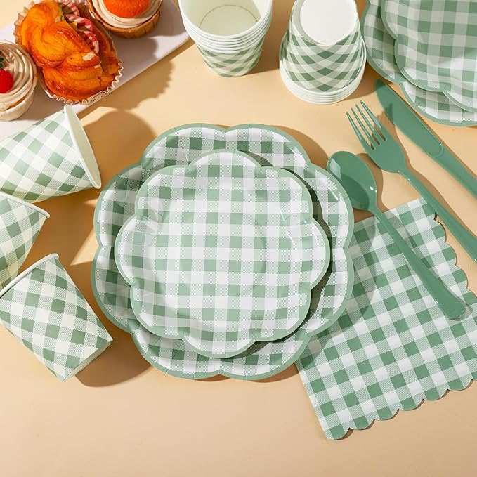 175 Pcs Sage Green Gingham Paper Plates and Napkins Party Supplies - Sage Green and White Checkered Plates Scalloped Plaid Plate for Birthday Dinner Picnic BBQ Party Decorations, Serve 25 Guests-HomvellaHome