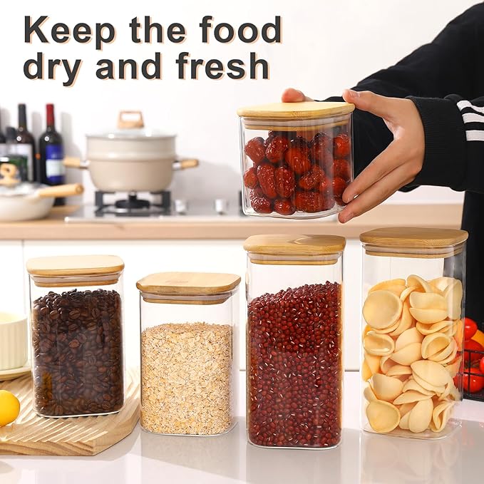 Glass Food Storage Jars with Lids(24oz/37oz/50oz)Square Set of 6 ,Glass Storage Containers Clear Glass Food Canister with Bamboo Lid Airtight For Serving Tea, Coffee Beans, Candy,Spice and More-HomvellaHome