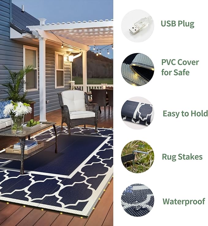 GENIMO 6' x 9' Outdoor Rug Waterproof for Patio Decor, Foldable Reversible Plastic Straw Area Rugs Mat with String Light, Led Carpet for Camper, Rv, Deck, Porch, Picnic, Beach, Balcony, Blue & White-HomvellaHome