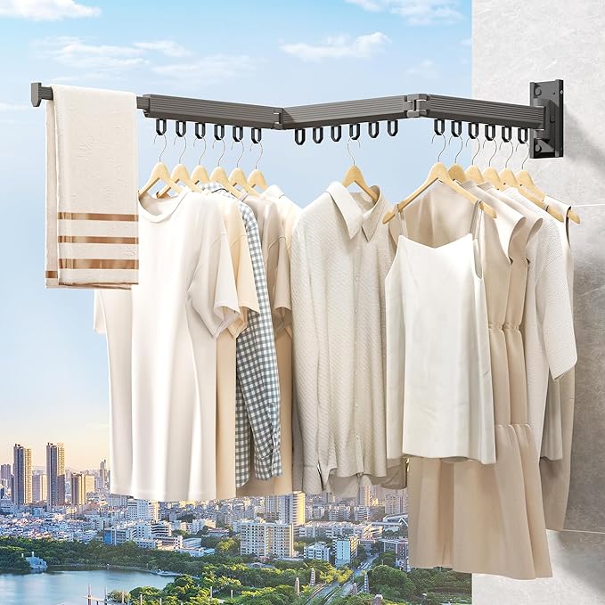 Grey Color Laundry Rack - Wall Mounted, Collapsible Clothes Drying Rack With Loop-type Hooks-HomvellaHome