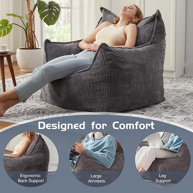 Giant Bean Bag Chair Sofa for Adults Teens, Comfy Corduroy Large Bean Bag Chairs with Armrests for Bedroom Living Room, Adult BeanBag Lazy Sofa Couch Chairs with Filler Included-HomvellaHome