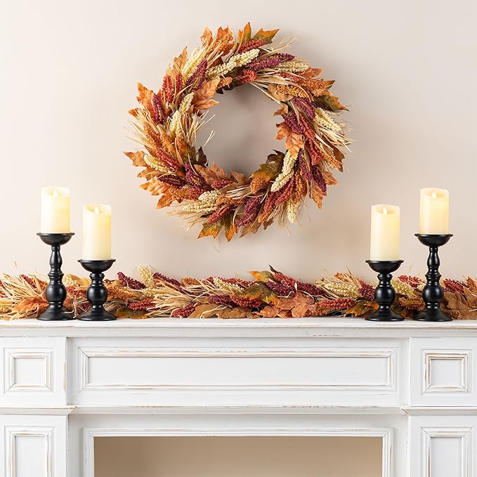 Glitzhome 24" D Fall Sorghum Wreath with Metal Hanger, Harvest Wreath for Front Door, Fall Door Wreaths for Indoor Outdoor Thanksgiving Harvest Holiday Decorations-HomvellaHome