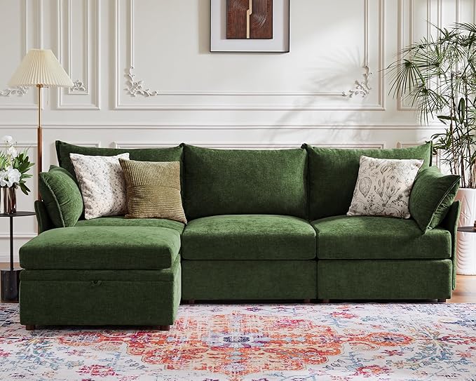 102.6" Modular Sectional Sofa, L Shaped Couch Set for Living Room, 3-Seater Comfy Cloud Couches with Movable Storage Ottoman,DIY Combination - Chenille Green-HomvellaHome