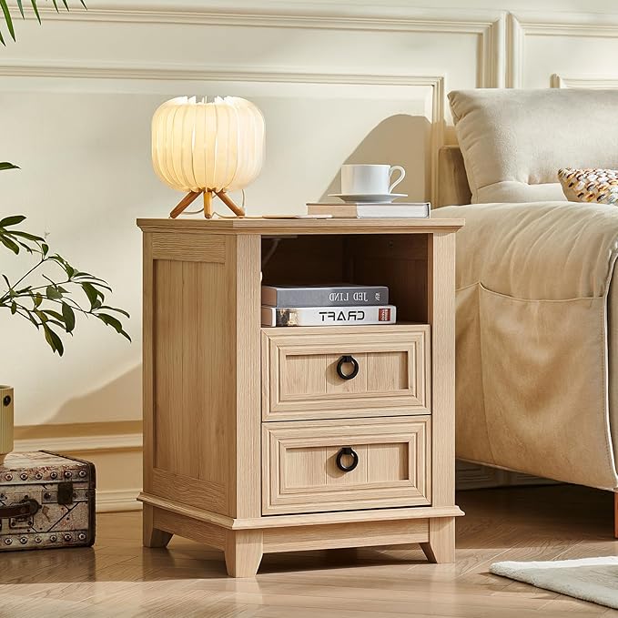18" Farmhouse Night Stand with Charging Station, 2 Drawers Bedside End Table, Natural Wooden Nightstand, Bed Side Table Cabinet with Open Shelf for Bedroom Living Room Office-HomvellaHome