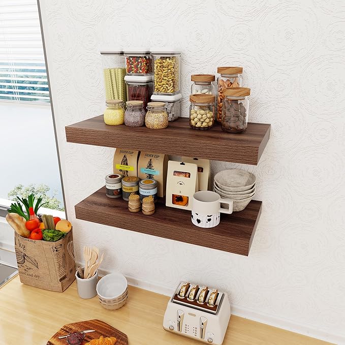 12 Inch Deep Floating Shelves, 24 x 12 Floating Shelf for Books, Rustic Wood Deep Wall Shelves for Home Storage & Display, 2" Thicked Shelves for Kitchen, Living Room, Bedroom, Walnut Color, 1 Pack-HomvellaHome