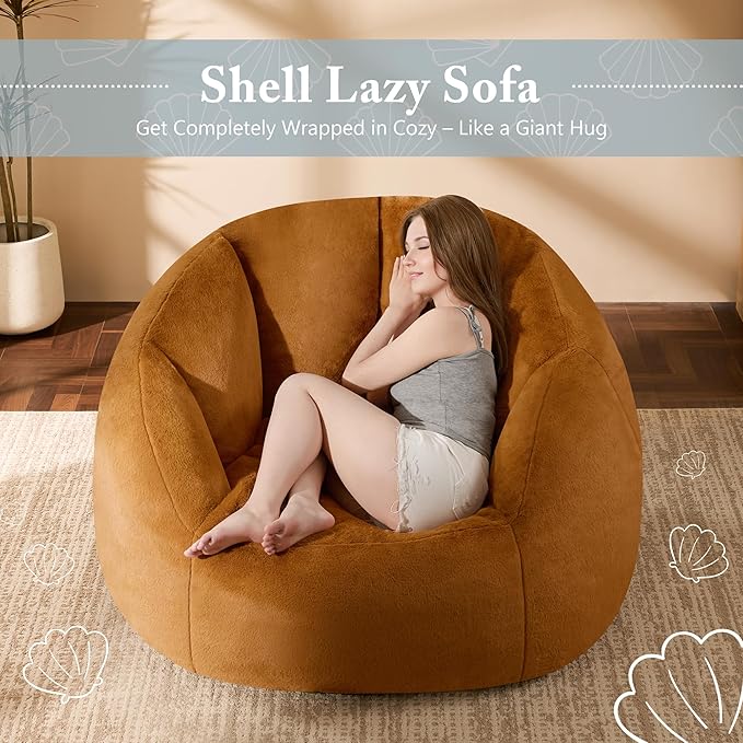 Giant Bean Bag Swivel Chair for Adults - Comfy Plush Round Shell Soft Accent Chair, Oversized Cozy Floor Sofa for Living Room, Bedroom & Game Rooms, Orange-HomvellaHome