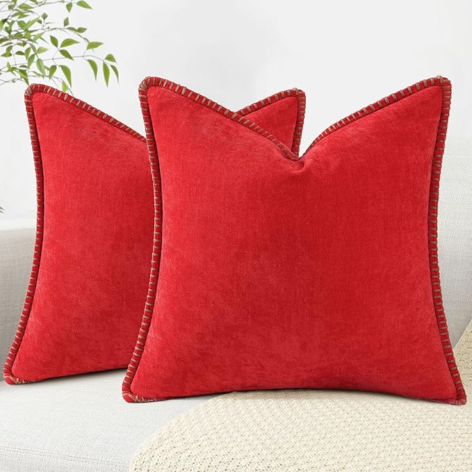 decorUhome Chenille Soft Throw Pillow Covers 18x18 Set of 2, Farmhouse Velvet Neutral Decorative Euro Pillow Covers with Stitched Edge for Couch Sofa Bed Home Decor, Red-HomvellaHome