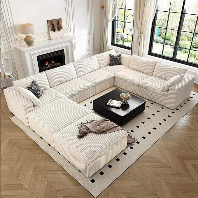 157.5" Cloud Couch Oversized Modular Sectional Sofa for Living Room,Modern Sofa with Deep Seat，8 Seater Boneless Couch with 2 Ottoman,Comfy Upholstered Couches for Apartment, Studio, Office,White-HomvellaHome