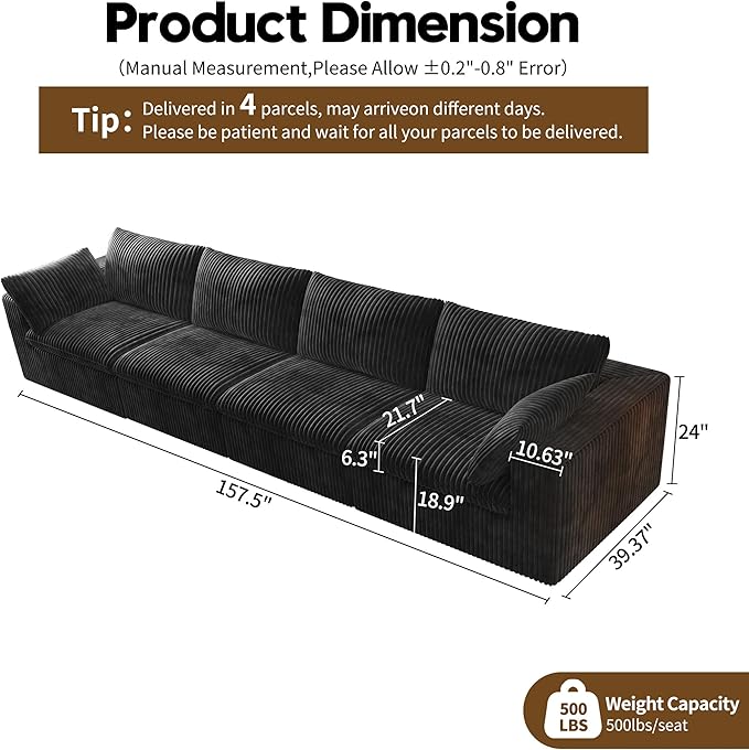 157.5" 4-Seater Cloud Sofa,Modular Sectional Couch,Modern Deep Seat Upholstered Couches with Plush Corduroy Fabric for Living Room Furniture,Bedroom and Apartment,No Assembly Required,Black-HomvellaHome