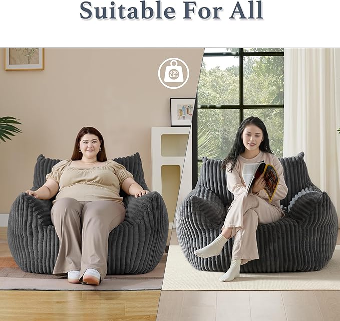 Giant Plush Bean Bag Chair for Adults with Armrests - Oversized Comfy Grey Beanbag Lounge Lazy Floor Sofa Accent Chair for Living Room, Bedroom & Dorm, Cozy Fluffy Single Cloud Mini Couch-HomvellaHome