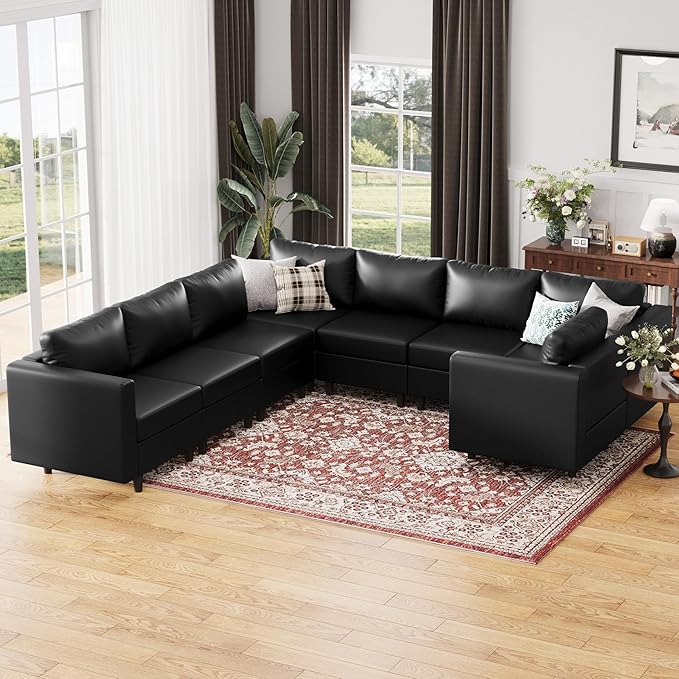 118.5" Faux Leather Modular Sectional Sofa, U Shaped Couch Set for Living Room, Large 8-Seater Comfy Cloud Couches with Storage Seat DIY Combination - Black-HomvellaHome