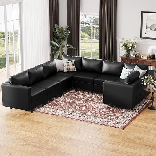 118.5" Faux Leather Modular Sectional Sofa, U Shaped Couch Set for Living Room, Large 8-Seater Comfy Cloud Couches with Storage Seat DIY Combination - Black-HomvellaHome